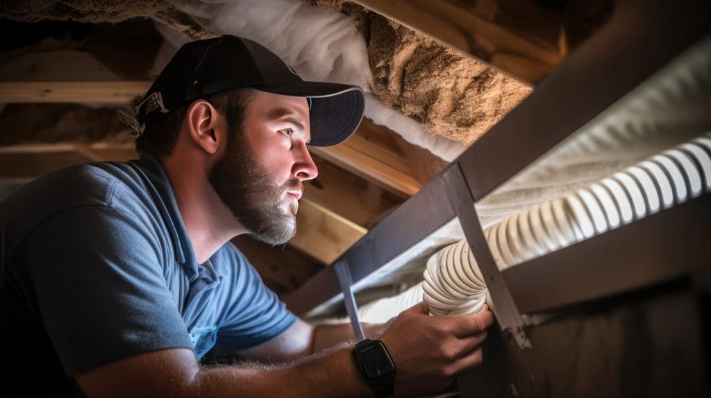 A technician is checking HVAC pipe ducts